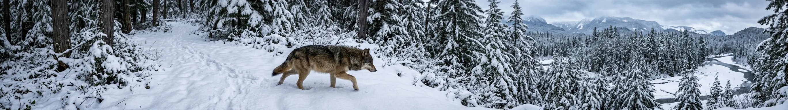 Grey wolf in winter snow and pine mountain landscape on Vancouver Island