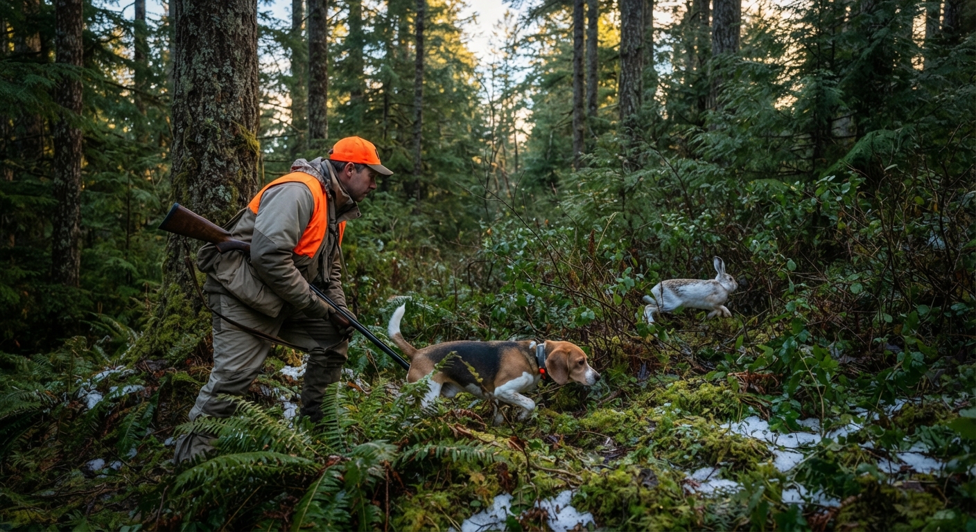 Vancouver Island wilderness and snowshoe hare hunting